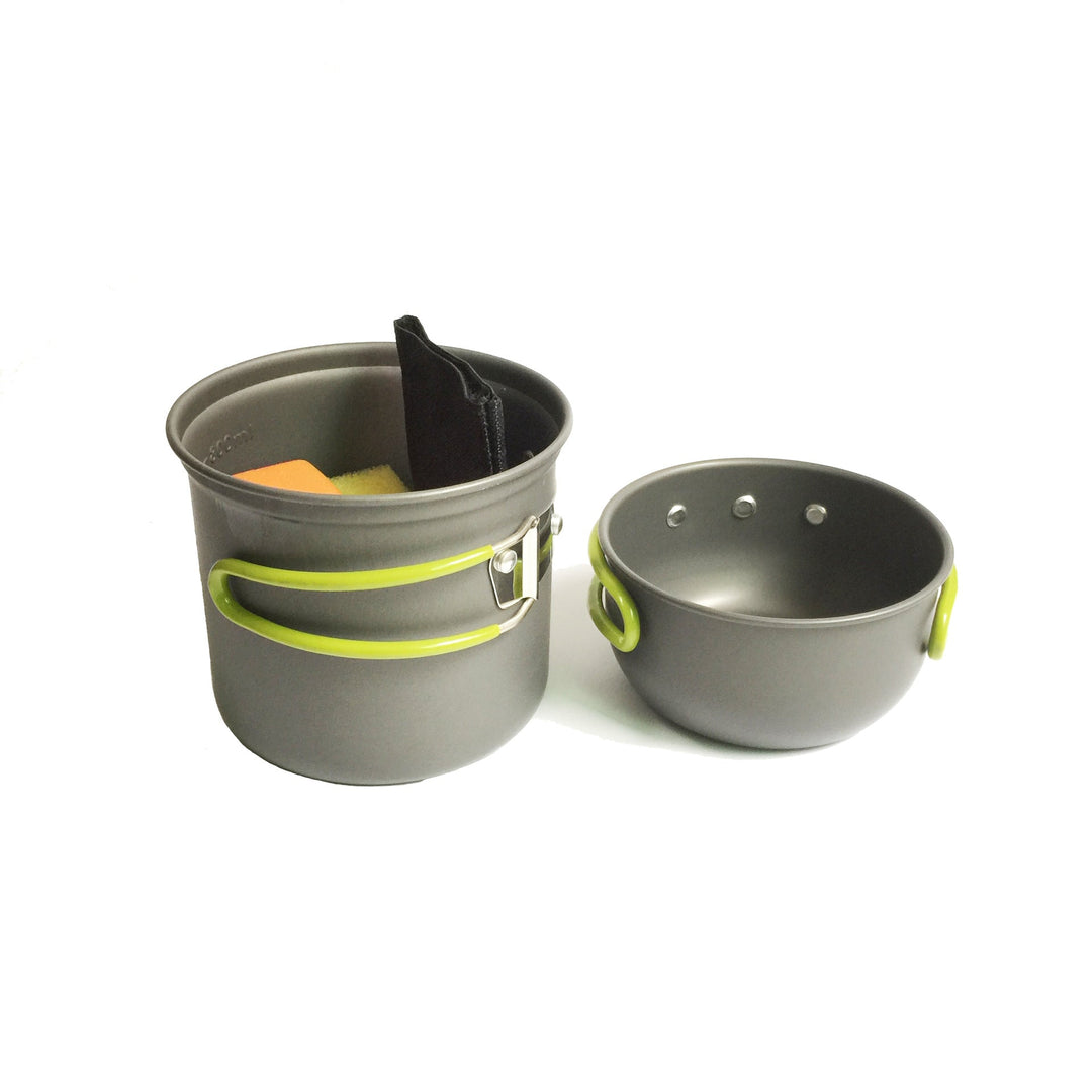 lightweight packable backpacking cookware and compact gas stove set with nonstick nesting pots and folding handles Kalsten