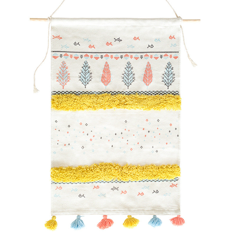 Wall tapestry in Scandi-Boho style with tufting stripes, tassels, and wooden rod Kalsten