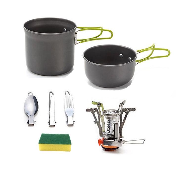 lightweight packable backpacking cookware and compact gas stove set with nonstick nesting pots and folding handles Kalsten