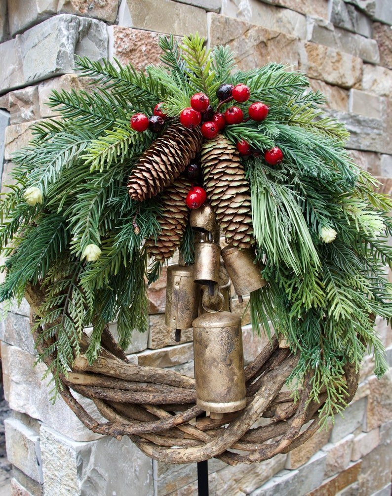 Kalsten | Christmas Wreath | Boho Style | Rustic Vine Base with Pinecones & Golden Bells
