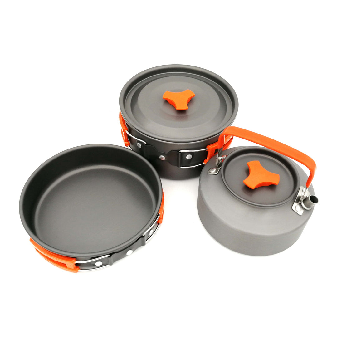 lightweight nonstick camping cookware set with folding kettle pot pan stainless utensils silicone trivet and carry pouch Kalsten