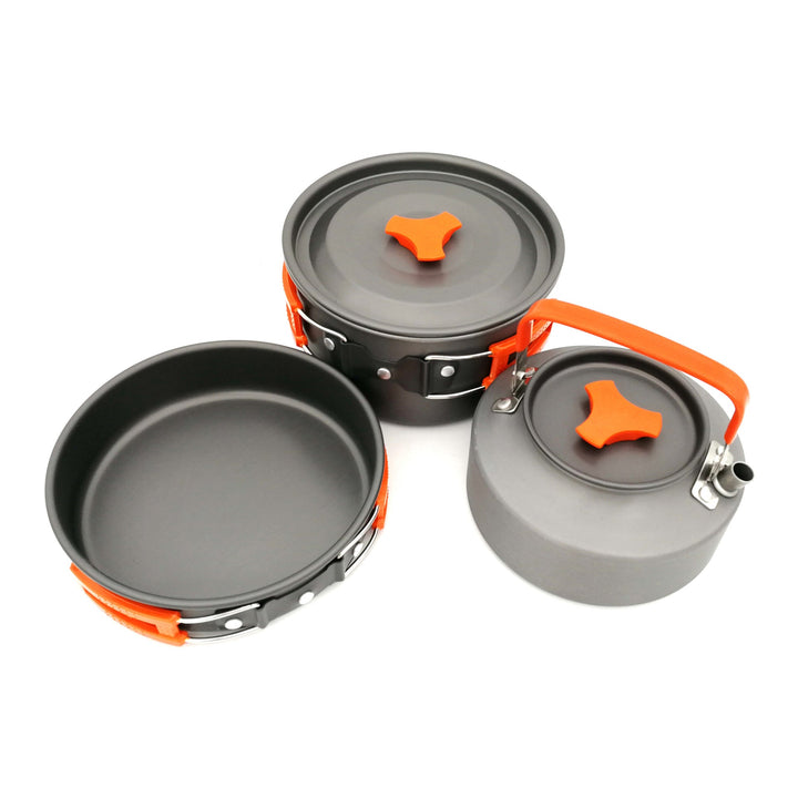 lightweight nonstick camping cookware set with folding kettle pot pan stainless utensils silicone trivet and carry pouch Kalsten