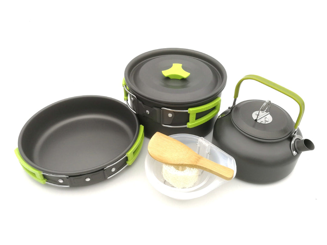 lightweight collapsible camping cookware kit with nonstick anodized pots pan kettle and folding handles Kalsten
