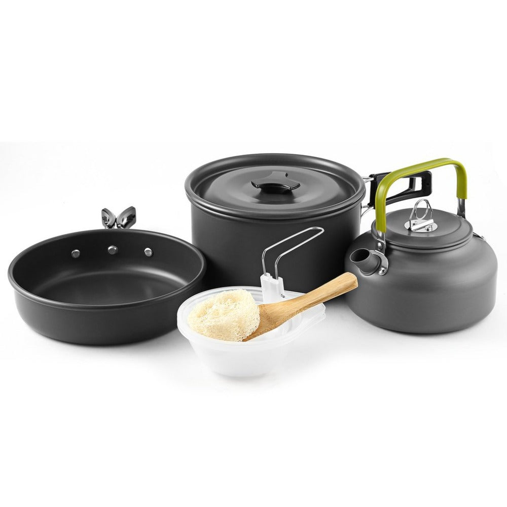 lightweight collapsible camping cookware kit with nonstick anodized pots pan kettle and folding handles Kalsten