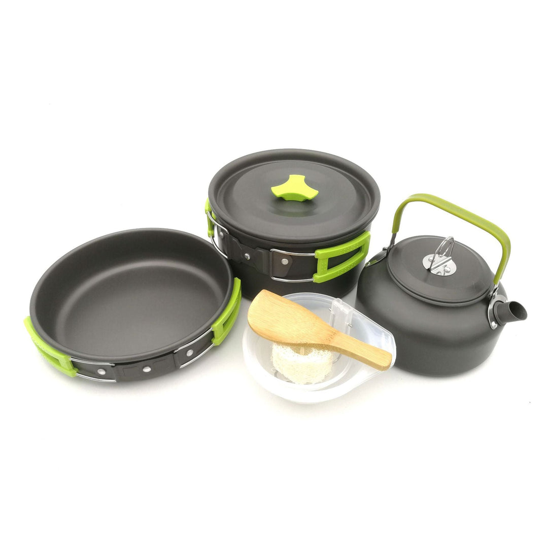 lightweight collapsible camping cookware kit with nonstick anodized pots pan kettle and folding handles Kalsten