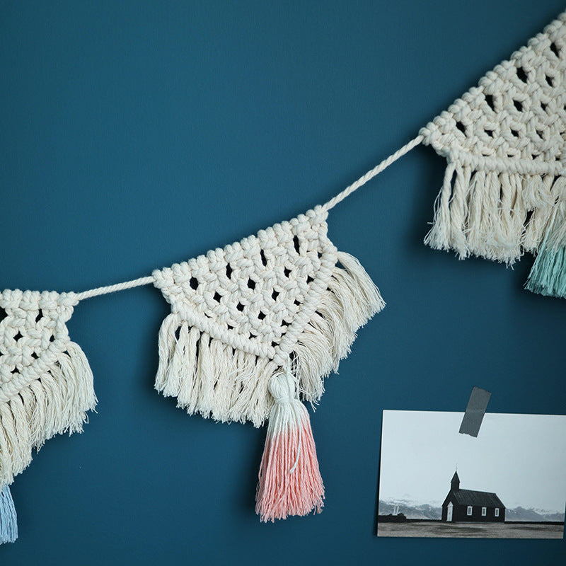 Macrame garland with hand-knotted triangle pendants and colorful cotton tassels