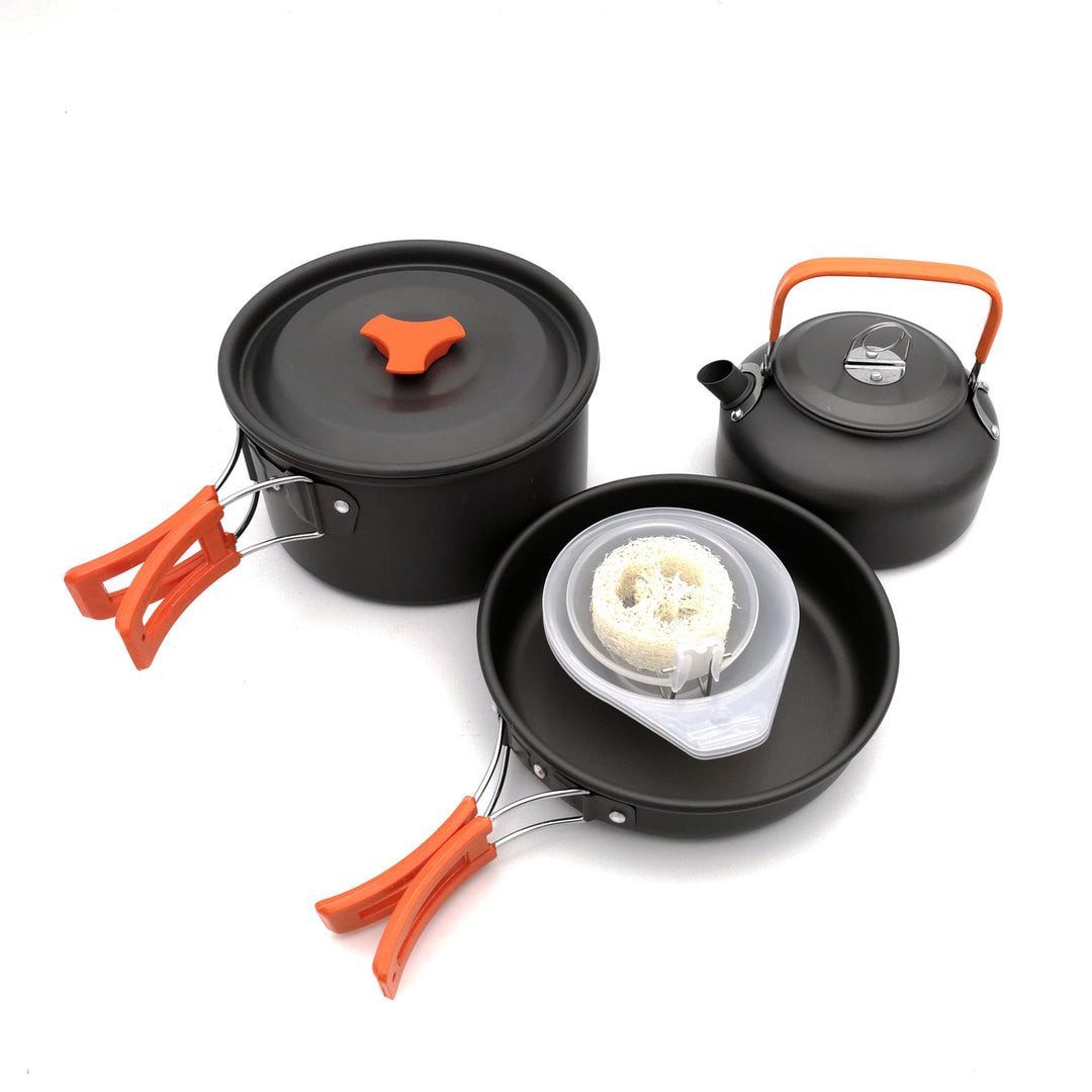lightweight collapsible camping cookware kit with nonstick anodized pots pan kettle and folding handles Kalsten