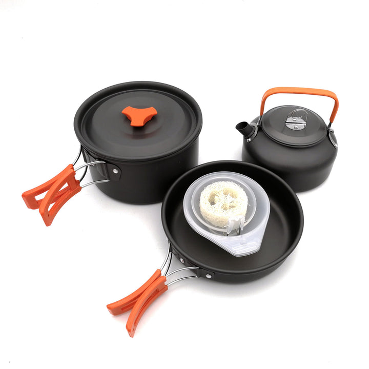 lightweight collapsible camping cookware kit with nonstick anodized pots pan kettle and folding handles Kalsten