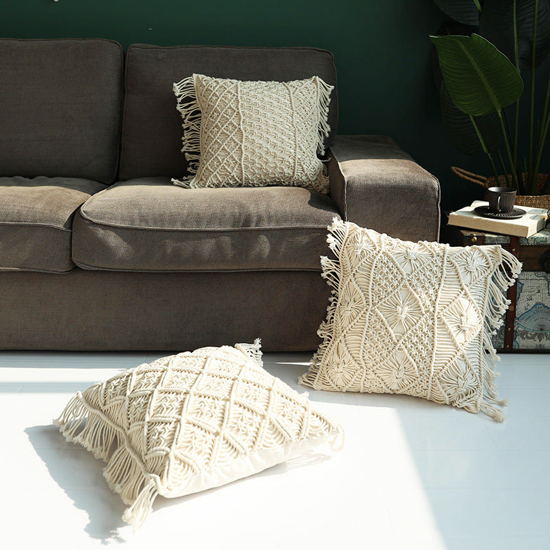 Boho macrame pillow cover with hand-knotted ornament relief and cotton texture Kalsten