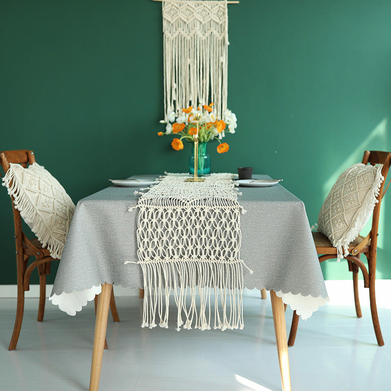 Hand-knotted macrame table runner with geometric knot relief