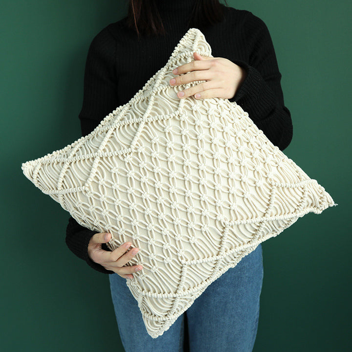 Round Macrame Decorative Pillow with Hand-Knotted Cotton Cover and Fringes