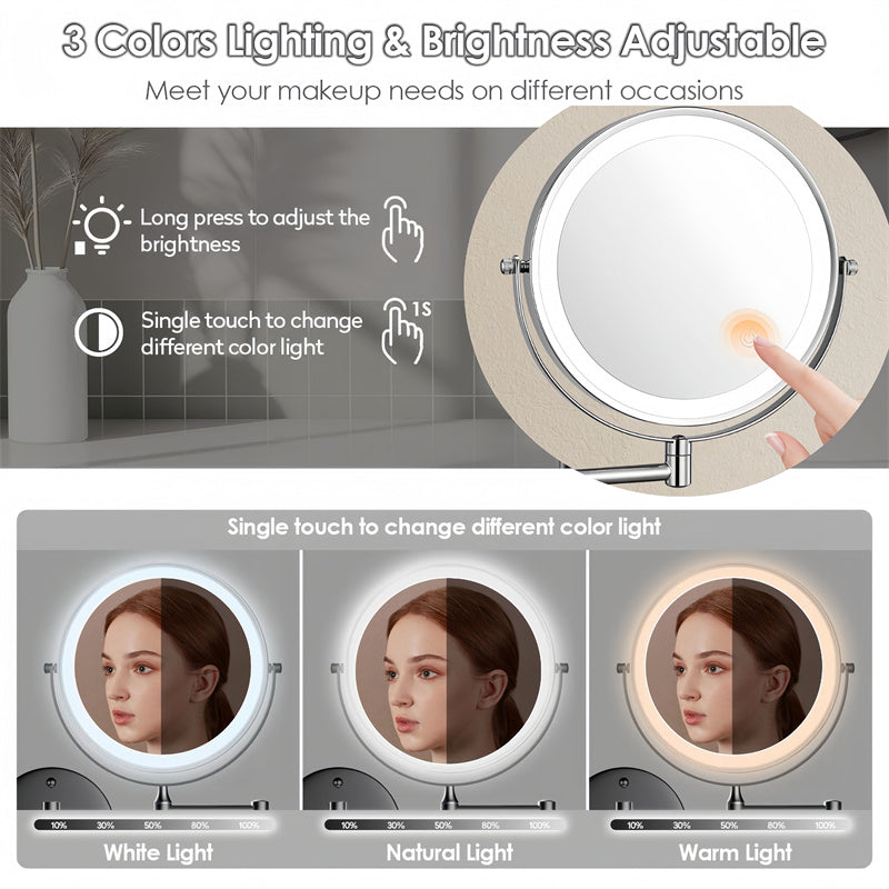 Kalsten | Rechargeable wall-mounted shaving mirror | 360° rotation. 1X/10X magnification and adjustable LED lighting for use in the bathroom