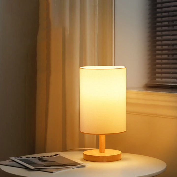 Traditional Japanese Cylinder Wood Fabric 1-Light Table Lamp for the Living Room | Kalsten