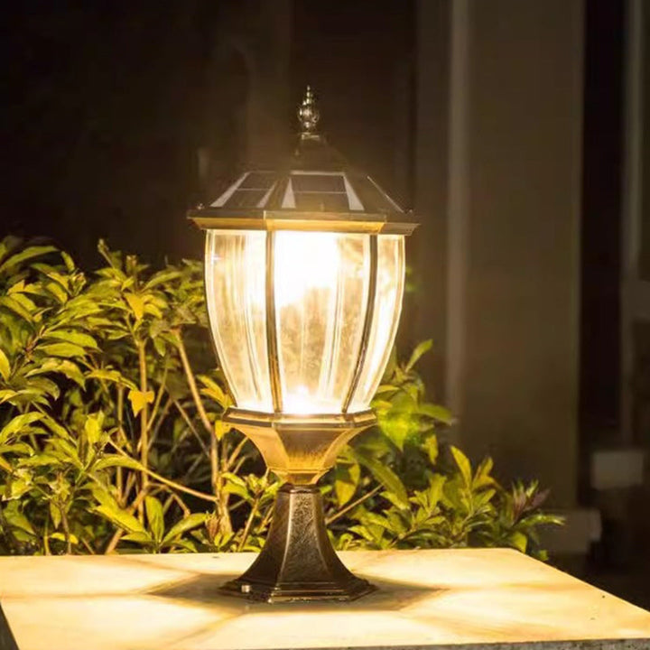 Contemporary Retro Hexagon Aluminum Glass LED Solar Post Head Landscape Light For Garden | Kalsten