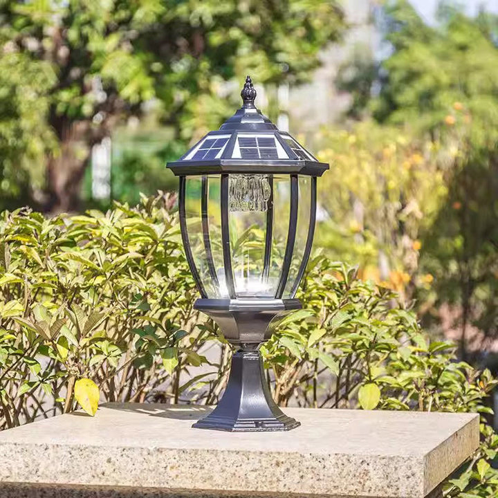 Contemporary Retro Hexagon Aluminum Glass LED Solar Post Head Landscape Light For Garden | Kalsten