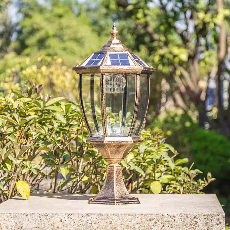Contemporary Retro Hexagon Aluminum Glass LED Solar Post Head Landscape Light For Garden | Kalsten
