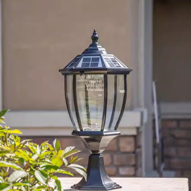 Contemporary Retro Hexagon Aluminum Glass LED Solar Post Head Landscape Light For Garden | Kalsten