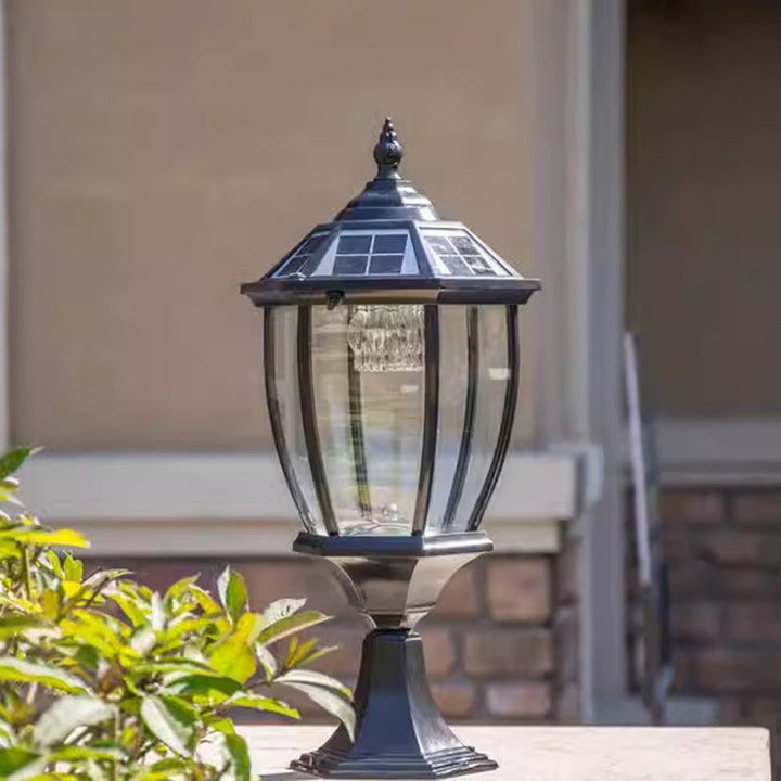 Contemporary Retro Hexagon Aluminum Glass LED Solar Post Head Landscape Light For Garden | Kalsten