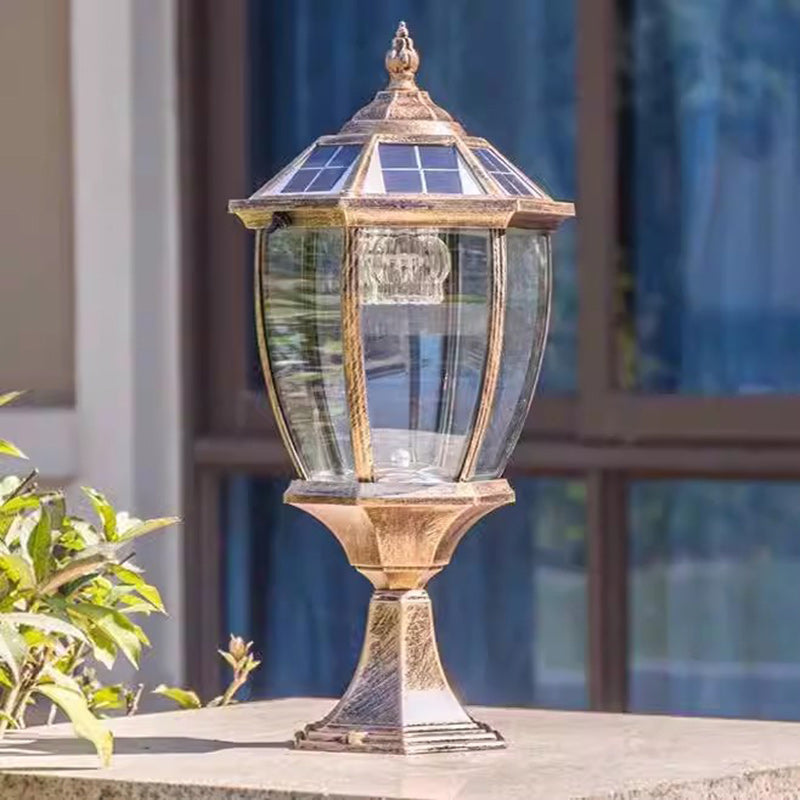 Contemporary Retro Hexagon Aluminum Glass LED Solar Post Head Landscape Light For Garden | Kalsten