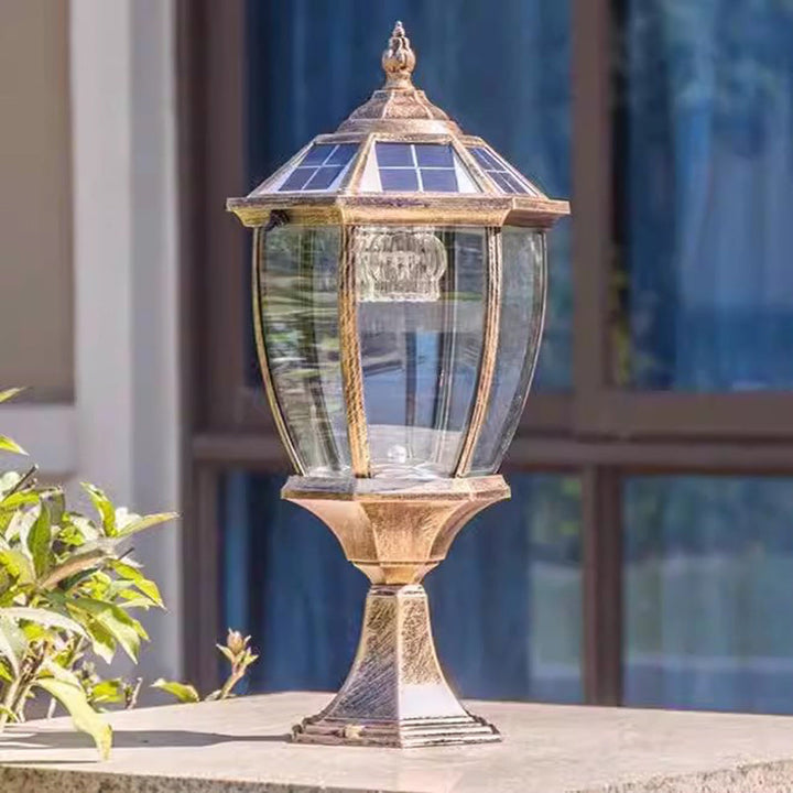 Contemporary Retro Hexagon Aluminum Glass LED Solar Post Head Landscape Light For Garden | Kalsten