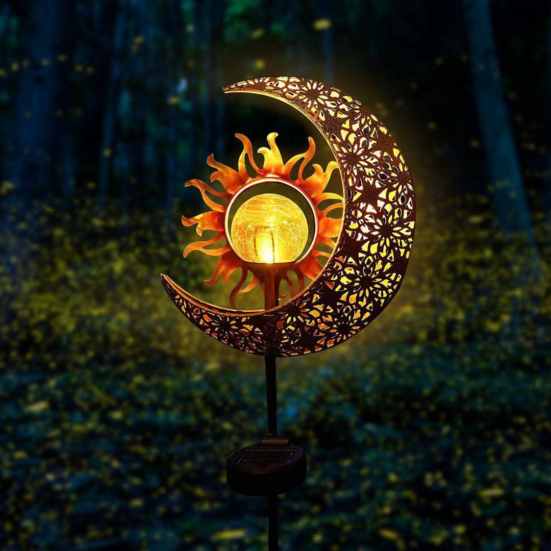 Modern Art Deco Solar Waterproof Ground Plug Star Sun Moon Iron Glass LED Outdoor Light For Garden | Kalsten