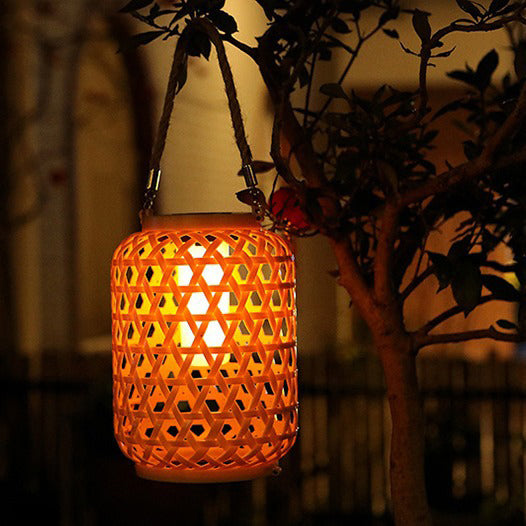 Modern Art Deco Solar Waterproof Imitation Rattan Woven Lantern Cylindrical Plastic LED Outdoor Light For Garden | Kalsten