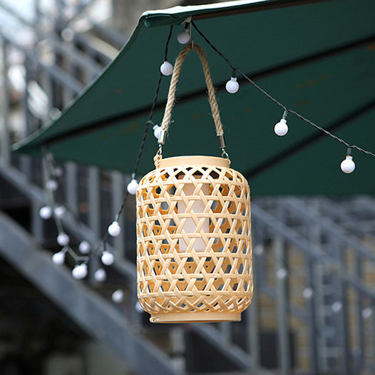 Modern Art Deco Solar Waterproof Imitation Rattan Woven Lantern Cylindrical Plastic LED Outdoor Light For Garden | Kalsten