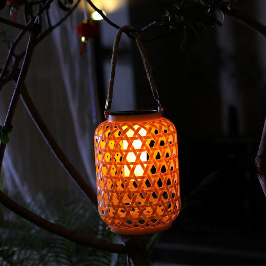 Modern Art Deco Solar Waterproof Imitation Rattan Woven Lantern Cylindrical Plastic LED Outdoor Light For Garden | Kalsten