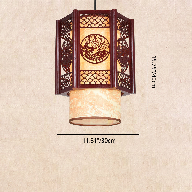 Kalsten | Traditional Chinese Wood-PVC Cylinder Lantern Carved Fish 1-Light Pendant Lamp for the Dining Room