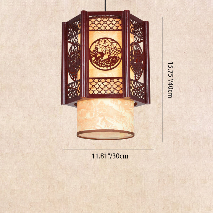Kalsten | Traditional Chinese Wood-PVC Cylinder Lantern Carved Fish 1-Light Pendant Lamp for the Dining Room