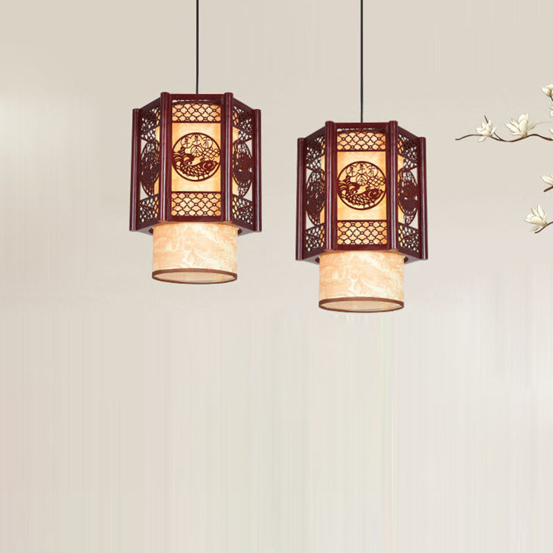 Kalsten | Traditional Chinese Wood-PVC Cylinder Lantern Carved Fish 1-Light Pendant Lamp for the Dining Room