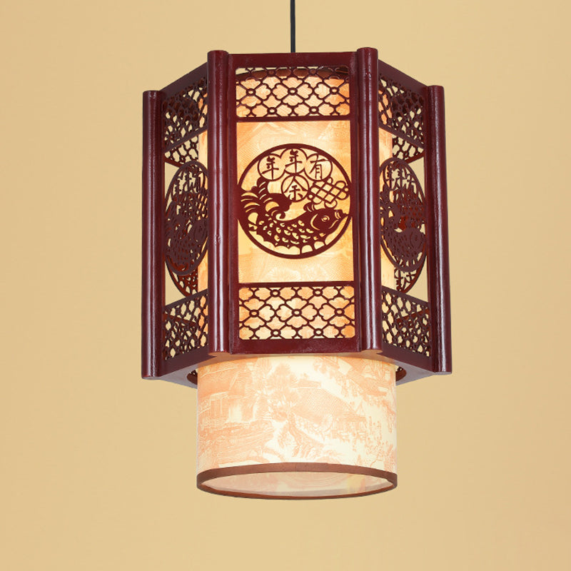 Kalsten | Traditional Chinese Wood-PVC Cylinder Lantern Carved Fish 1-Light Pendant Lamp for the Dining Room