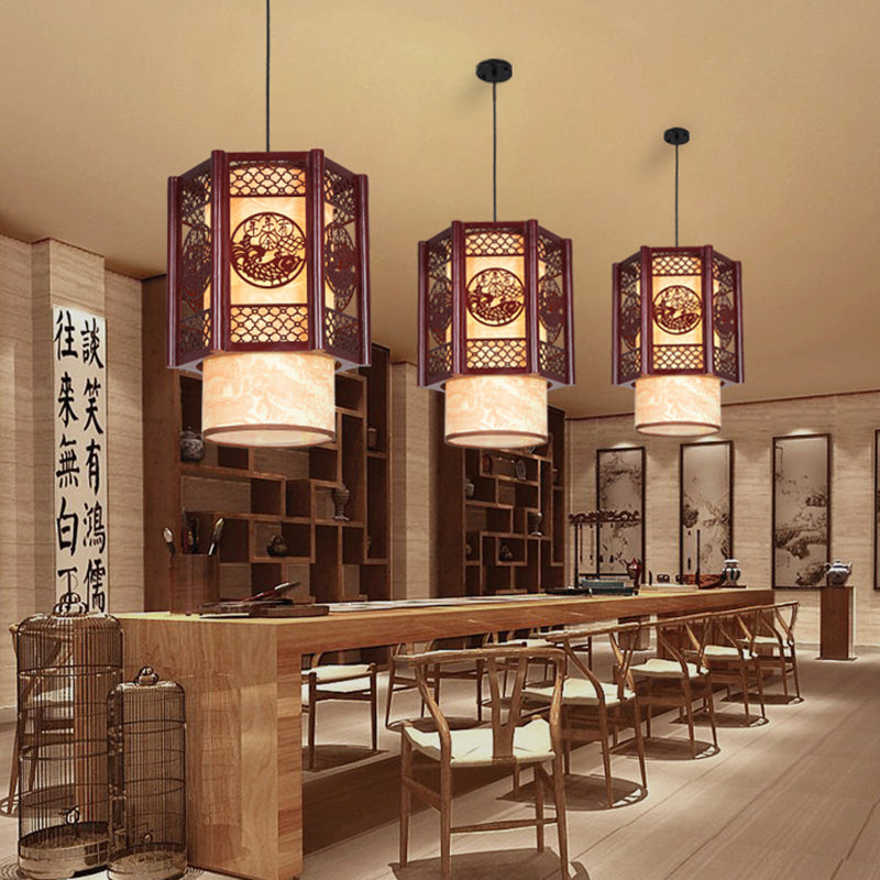 Kalsten | Traditional Chinese Wood-PVC Cylinder Lantern Carved Fish 1-Light Pendant Lamp for the Dining Room