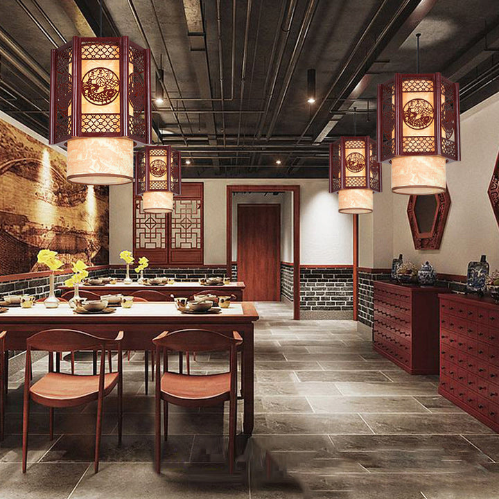 Kalsten | Traditional Chinese Wood-PVC Cylinder Lantern Carved Fish 1-Light Pendant Lamp for the Dining Room
