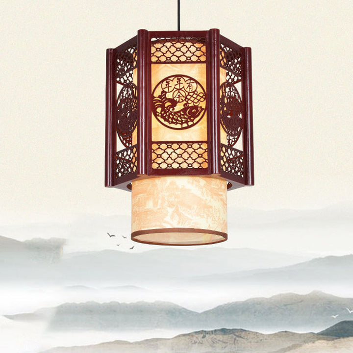 Kalsten | Traditional Chinese Wood-PVC Cylinder Lantern Carved Fish 1-Light Pendant Lamp for the Dining Room