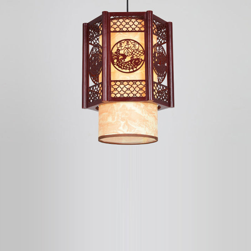 Kalsten | Traditional Chinese Wood-PVC Cylinder Lantern Carved Fish 1-Light Pendant Lamp for the Dining Room