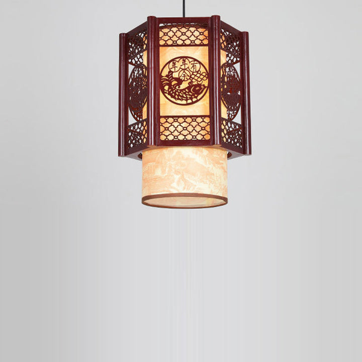 Kalsten | Traditional Chinese Wood-PVC Cylinder Lantern Carved Fish 1-Light Pendant Lamp for the Dining Room