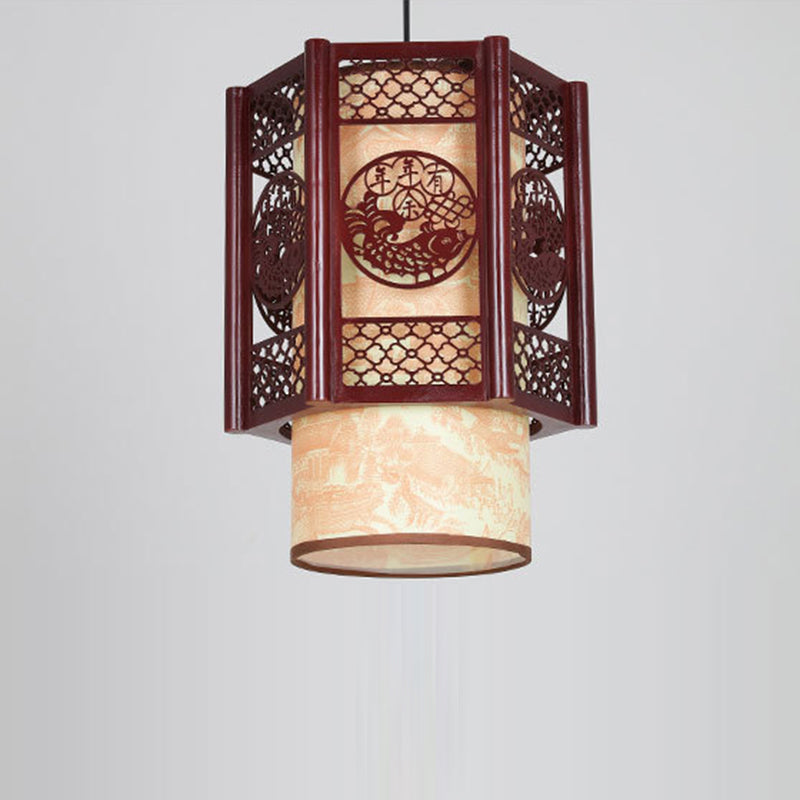 Kalsten | Traditional Chinese Wood-PVC Cylinder Lantern Carved Fish 1-Light Pendant Lamp for the Dining Room