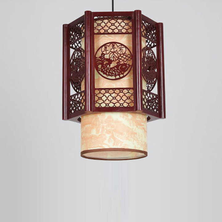 Kalsten | Traditional Chinese Wood-PVC Cylinder Lantern Carved Fish 1-Light Pendant Lamp for the Dining Room