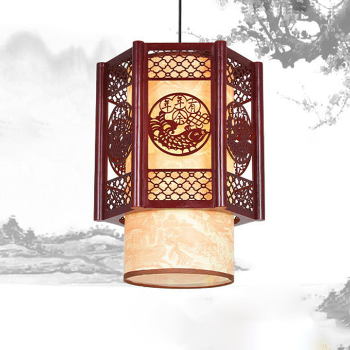 Kalsten | Traditional Chinese Wood-PVC Cylinder Lantern Carved Fish 1-Light Pendant Lamp for the Dining Room