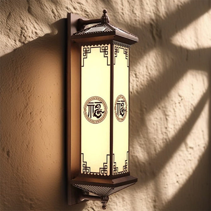 Traditional Chinese Solar Waterproof ABS Aluminum Glass Rectangular Happiness Wealth Pattern LED Wall Sconce Lamp For Outdoor Patio | Kalsten
