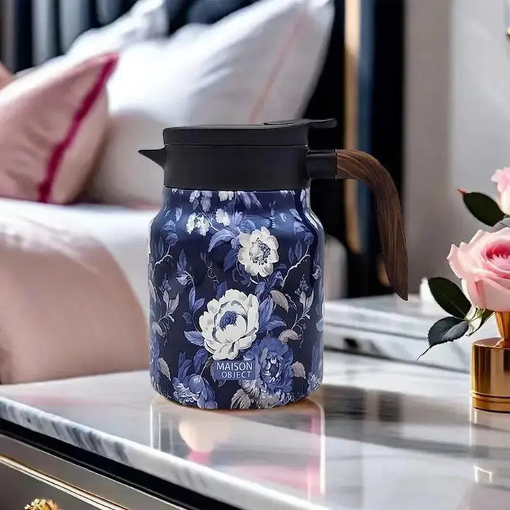Kalsten | Floral Stainless Steel Teapot with Strainer - 1000ml Vintage Elegance