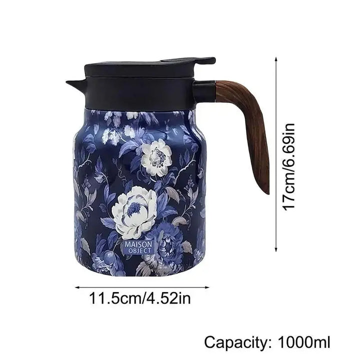 Kalsten | Floral Stainless Steel Teapot with Strainer - 1000ml Vintage Elegance