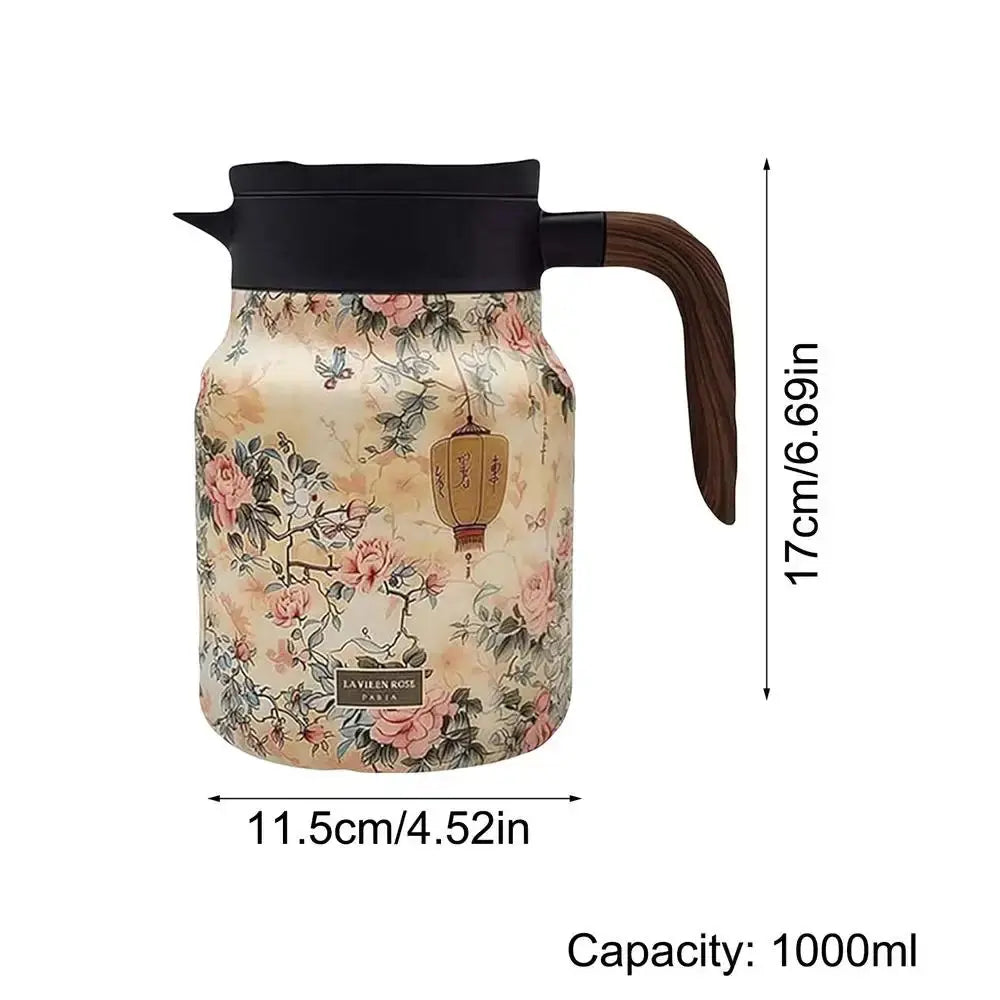 Kalsten | Floral Stainless Steel Teapot with Strainer - 1000ml Vintage Elegance