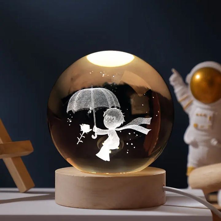 Glowing crystal ball with LED – Decorative 3D glass ball with galaxy design and wooden base | Kalsten