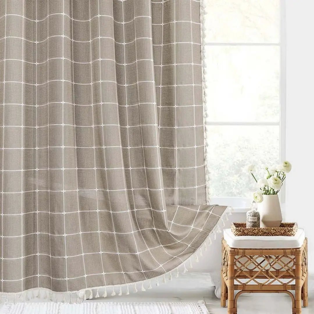 Kalsten | Bohemian linen shower curtain with tassels & waterproof design