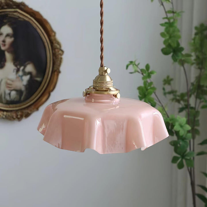 Ceramic Pendant Light 9.8 in x 5.1 in Adjustable Ceiling Indoor White Beige Pink Blue Vintage Lampshade | Kalsten
