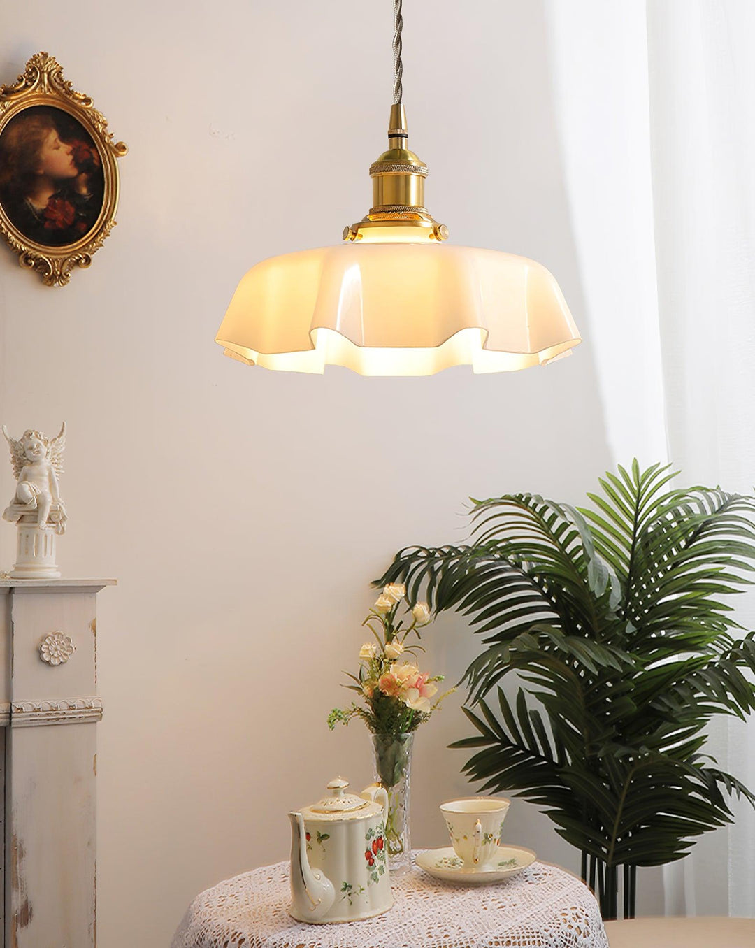 Ceramic Pendant Light 9.8 in x 5.1 in Adjustable Ceiling Indoor White Beige Pink Blue Vintage Lampshade | Kalsten