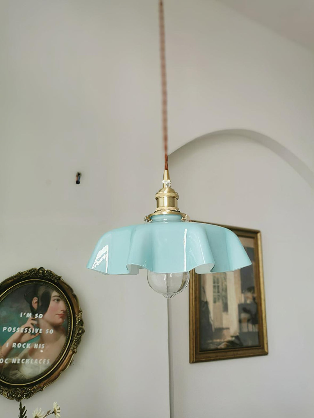 Ceramic Pendant Light 9.8 in x 5.1 in Adjustable Ceiling Indoor White Beige Pink Blue Vintage Lampshade | Kalsten