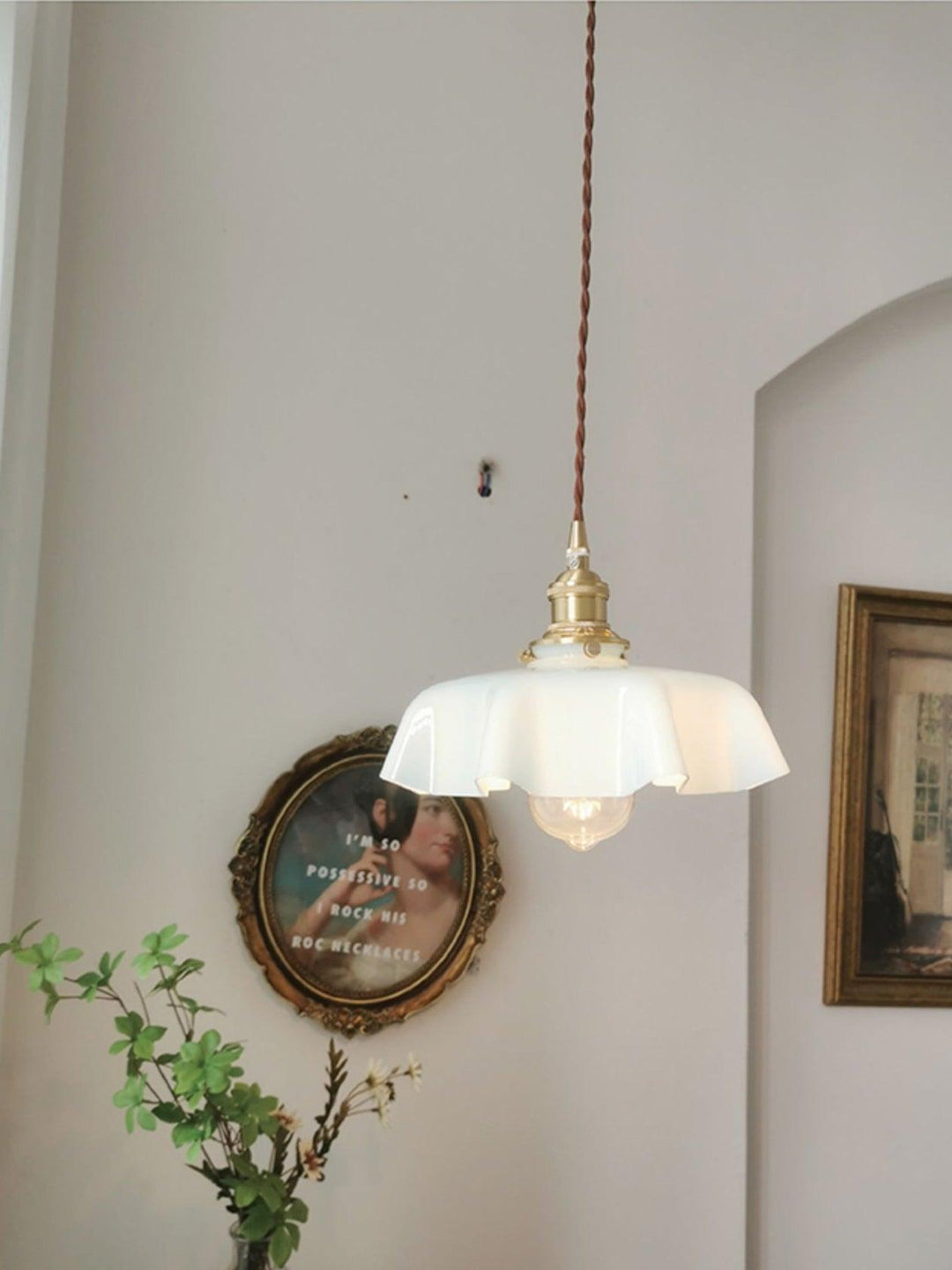 Ceramic Pendant Light 9.8 in x 5.1 in Adjustable Ceiling Indoor White Beige Pink Blue Vintage Lampshade | Kalsten